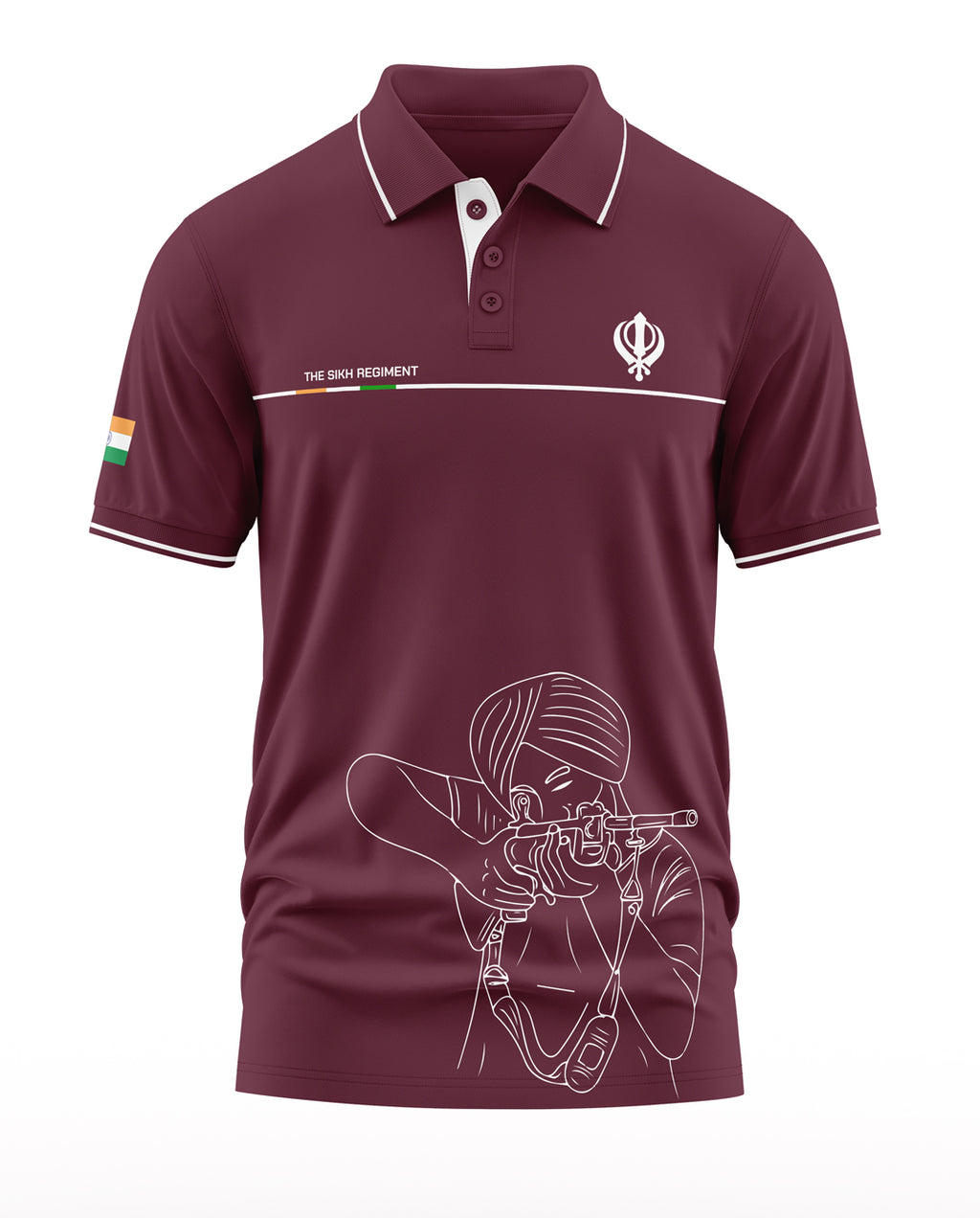 Maroon men's polo t-shirt with Sikh Regiment and soldier rifle graphic, Indian flag sleeve
