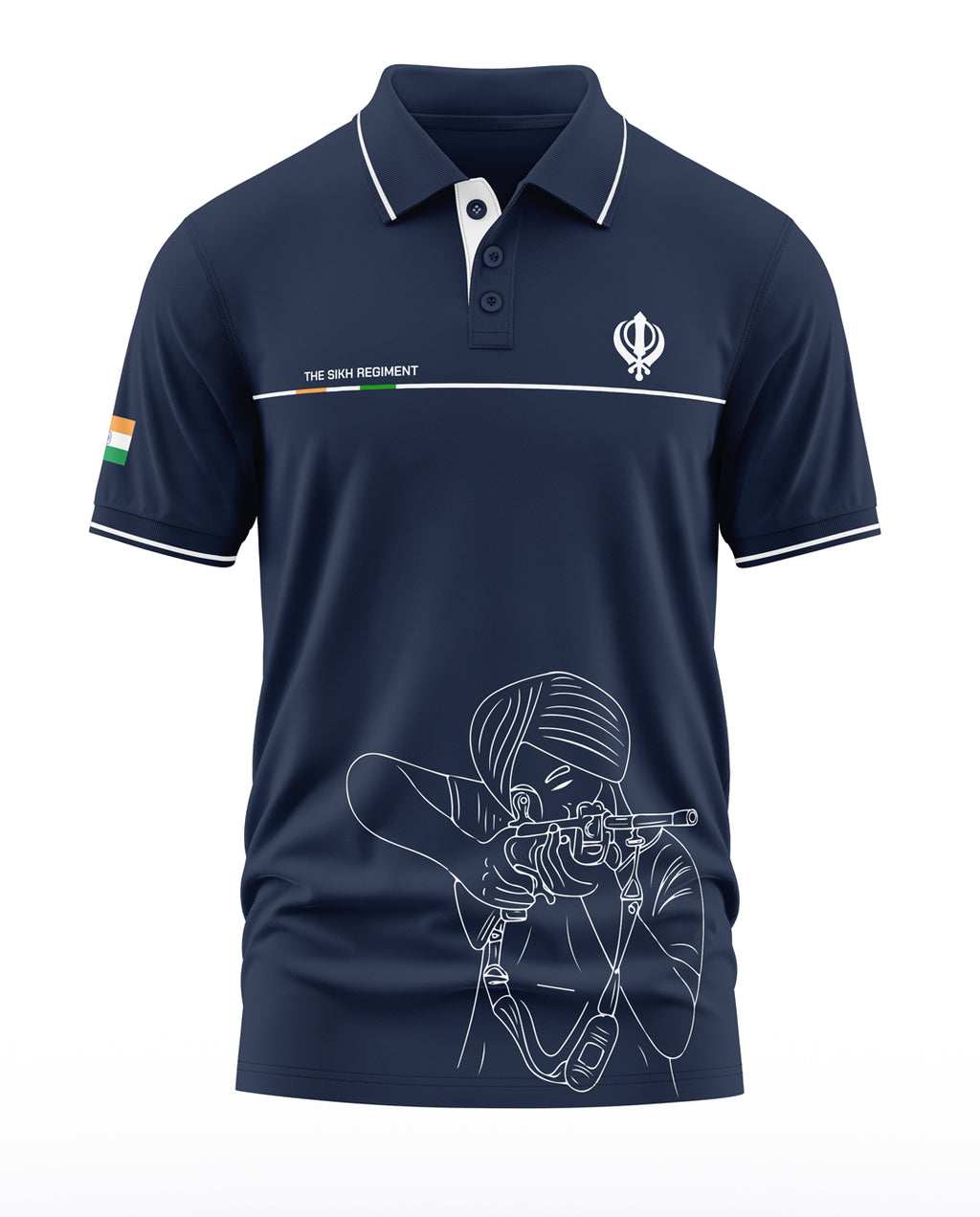 Navy blue polo t-shirt with Sikh Regiment motif, Indian flag patch, and line art soldier graphic