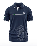 Navy blue polo t-shirt with Sikh Regiment motif, Indian flag patch, and line art soldier graphic