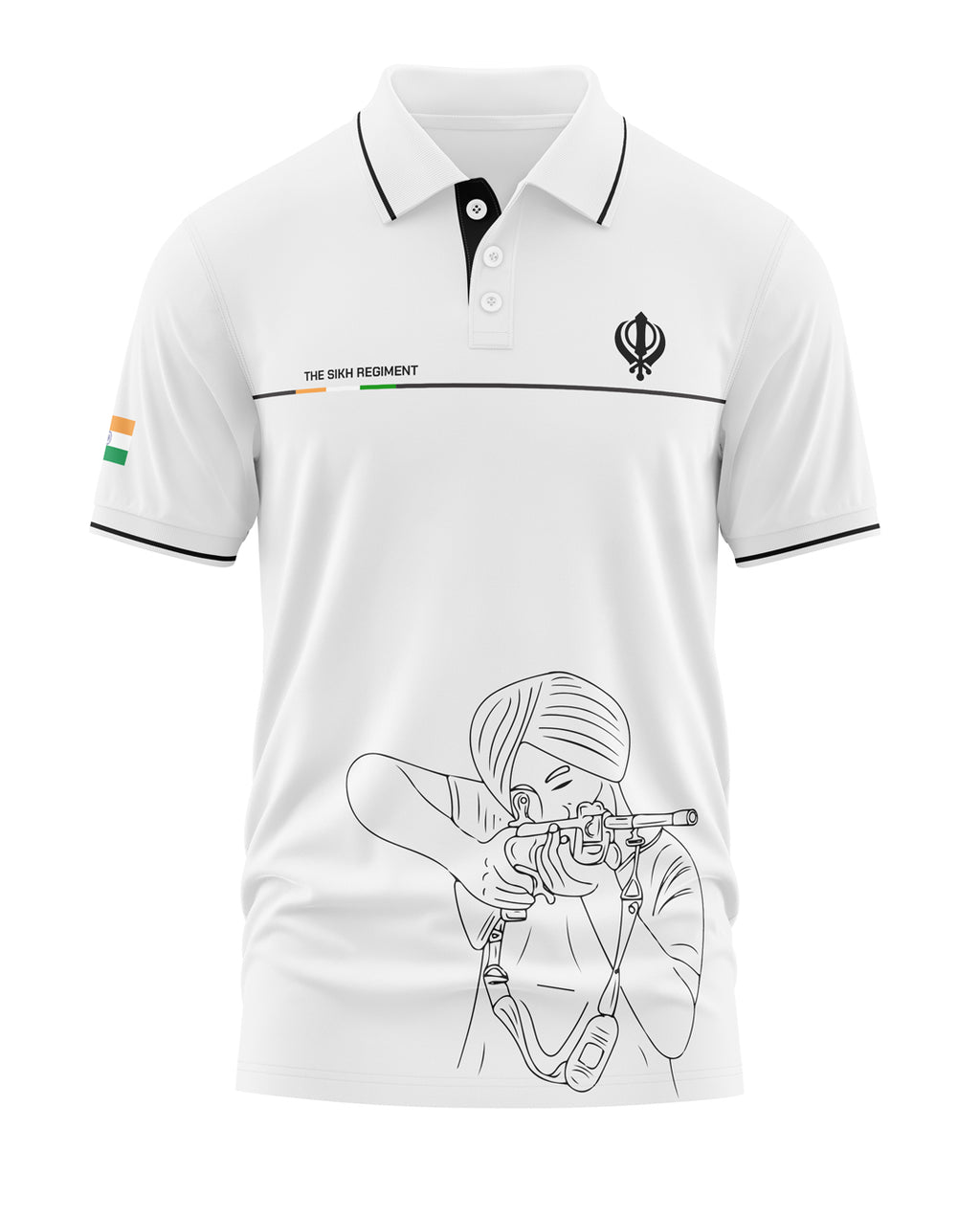 White polo t-shirt with Sikh Regiment text, Khanda symbol, Indian flag, and line art of turbaned man aiming a rifle.