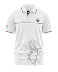 White polo t-shirt with Sikh Regiment text, Khanda symbol, Indian flag, and line art of turbaned man aiming a rifle.