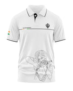 White polo t-shirt with Sikh Regiment text, Khanda symbol, Indian flag, and line art of turbaned man aiming a rifle.