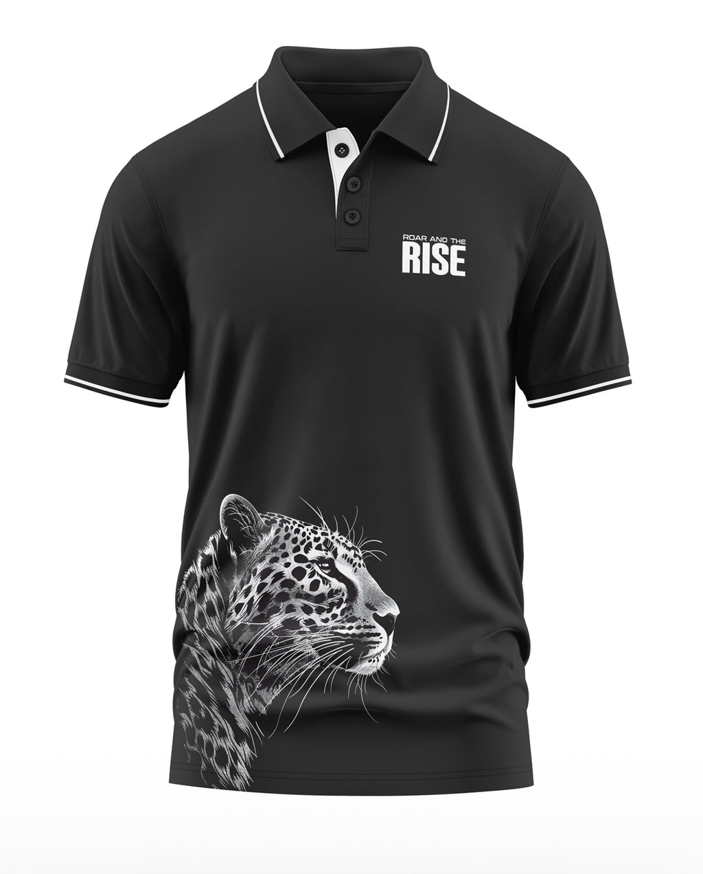 Black men's polo t-shirt with leopard graphic and 'Roar and the Rise' chest print