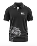 Black men's polo t-shirt with leopard graphic and 'Roar and the Rise' chest print