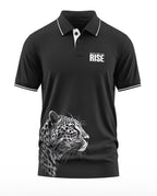 Black men's polo t-shirt with leopard graphic and 'Roar and the Rise' chest print
