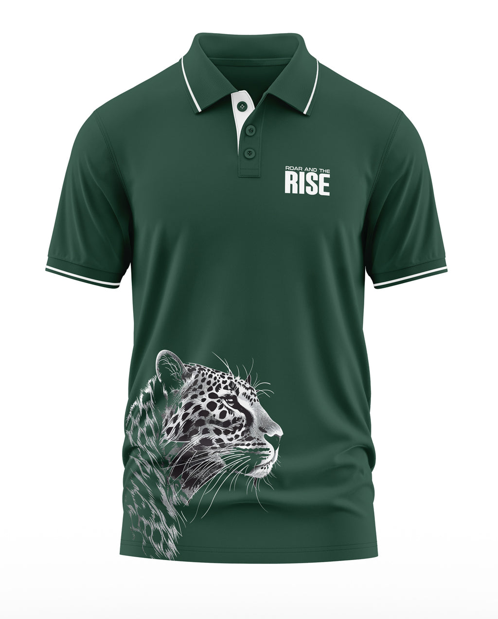 Green men's polo t-shirt with white leopard graphic and 'Roar and the Rise' text design.