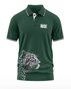 Green men's polo t-shirt with white leopard graphic and 'Roar and the Rise' text design.