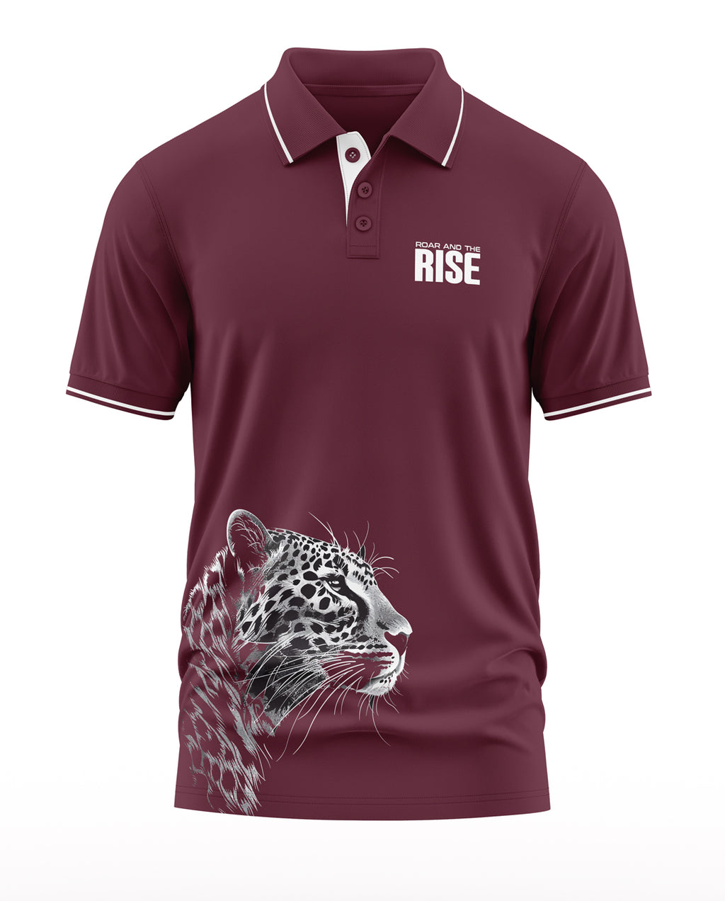 Maroon men's polo t-shirt with white collar trim, 'Roar and the Rise' text, and leopard graphic print