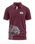 Maroon men's polo t-shirt with white collar trim, 'Roar and the Rise' text, and leopard graphic print