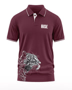 Maroon men's polo t-shirt with white collar trim, 'Roar and the Rise' text, and leopard graphic print