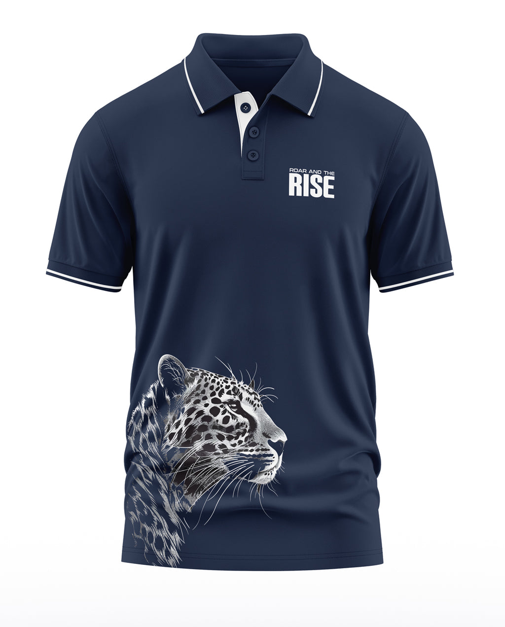 Navy blue men's polo t-shirt with white leopard graphic and 'Roar and the Rise' text print