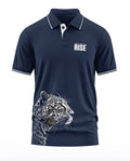 Navy blue men's polo t-shirt with white leopard graphic and 'Roar and the Rise' text print