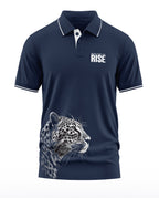 Navy blue men's polo t-shirt with white leopard graphic and 'Roar and the Rise' text print