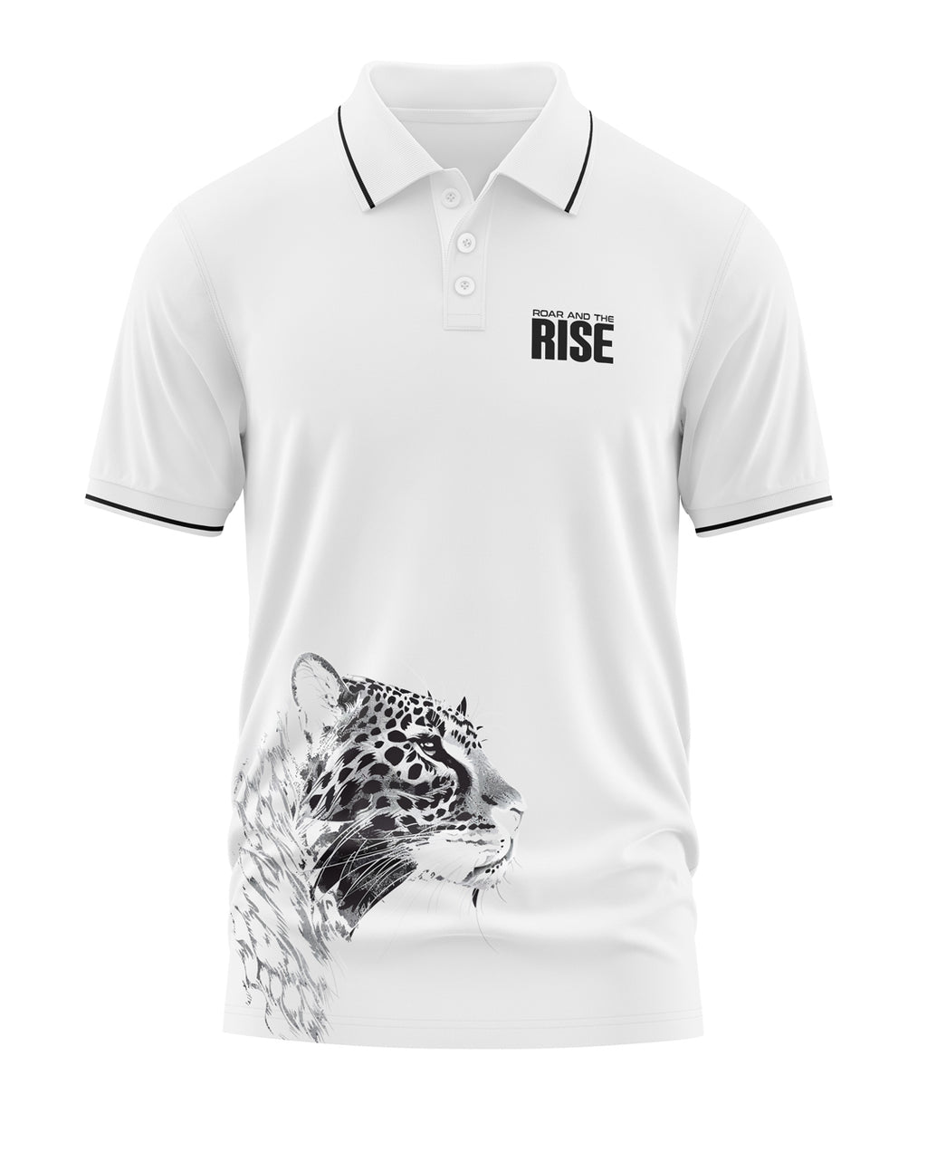 White men's polo t-shirt with black collar trim, leopard graphic, and 'Roar and the Rise' print