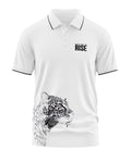 White men's polo t-shirt with black collar trim, leopard graphic, and 'Roar and the Rise' print