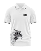 White men's polo t-shirt with black collar trim, leopard graphic, and 'Roar and the Rise' print