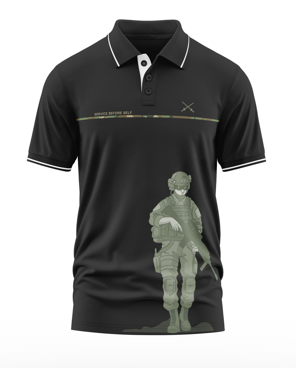 Black polo t-shirt with army soldier graphic, 'Service Before Self' text, and military-inspired design.