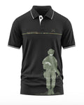 Black polo t-shirt with army soldier graphic, 'Service Before Self' text, and military-inspired design.