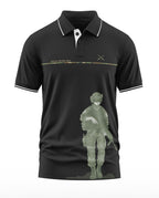 Black polo t-shirt with army soldier graphic, 'Service Before Self' text, and military-inspired design.