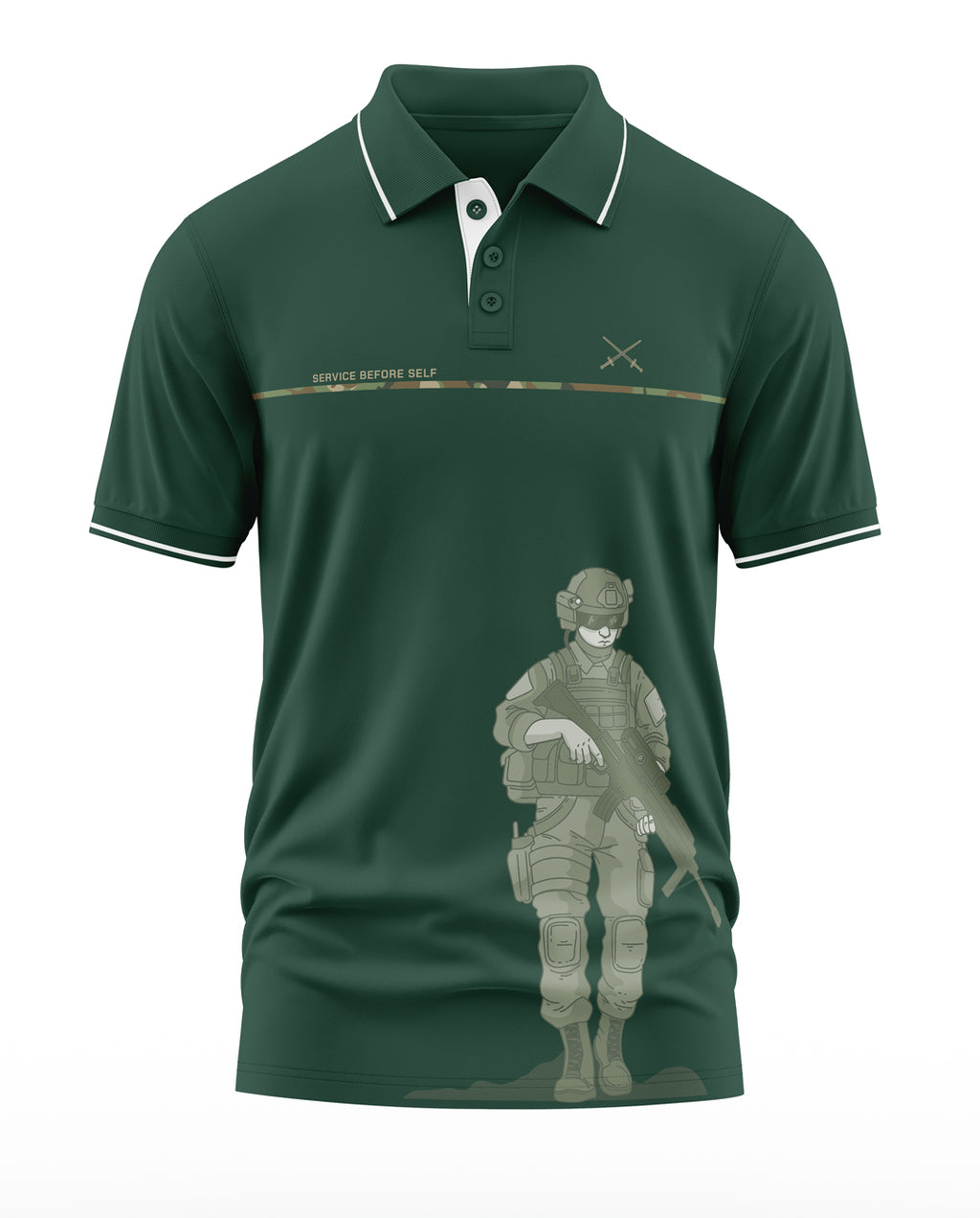 Green men's polo t-shirt with army soldier graphic, camo strip, and 'Service Before Self' text.