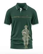 Green men's polo t-shirt with army soldier graphic, camo strip, and 'Service Before Self' text.