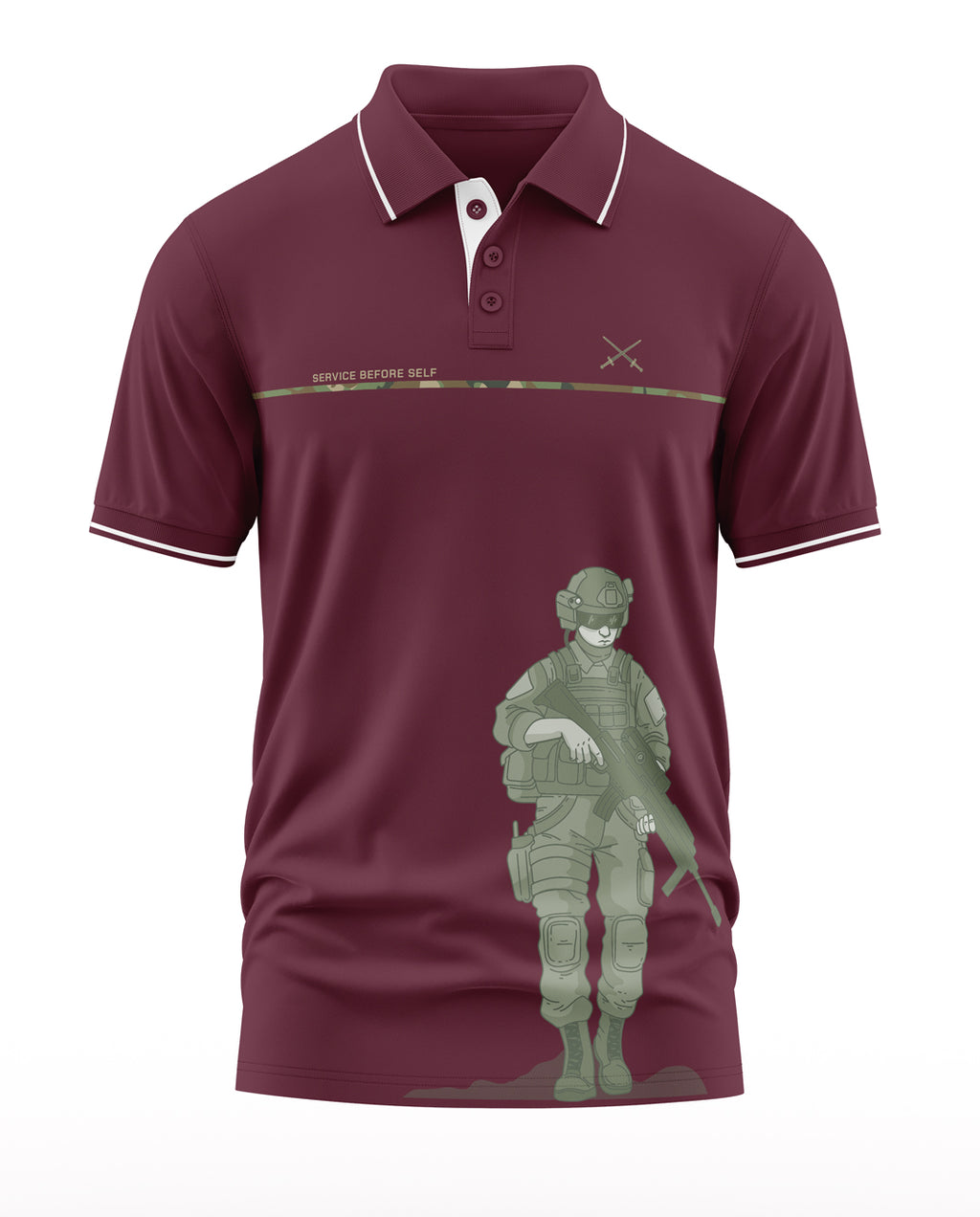 Maroon men's polo t-shirt with soldier graphic and Service Before Self text, army inspired design