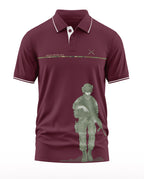 Maroon men's polo t-shirt with soldier graphic and Service Before Self text, army inspired design