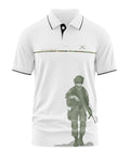 White polo t-shirt with black trim featuring a graphic of a soldier in tactical gear and 'Service Before Self' text.