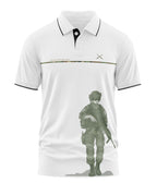 White polo t-shirt with black trim featuring a graphic of a soldier in tactical gear and 'Service Before Self' text.