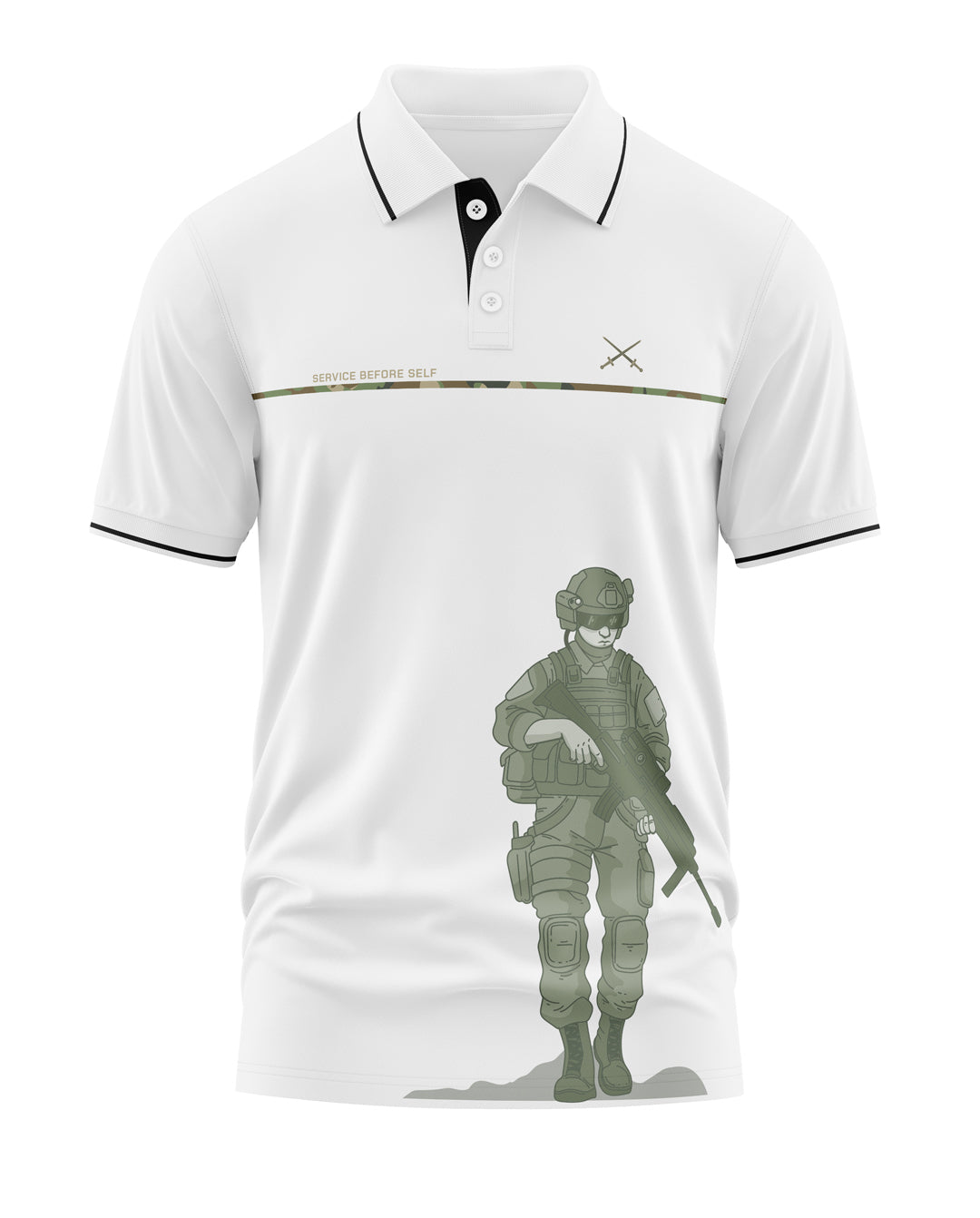 White polo t-shirt with black trim featuring a graphic of a soldier in tactical gear and 'Service Before Self' text.