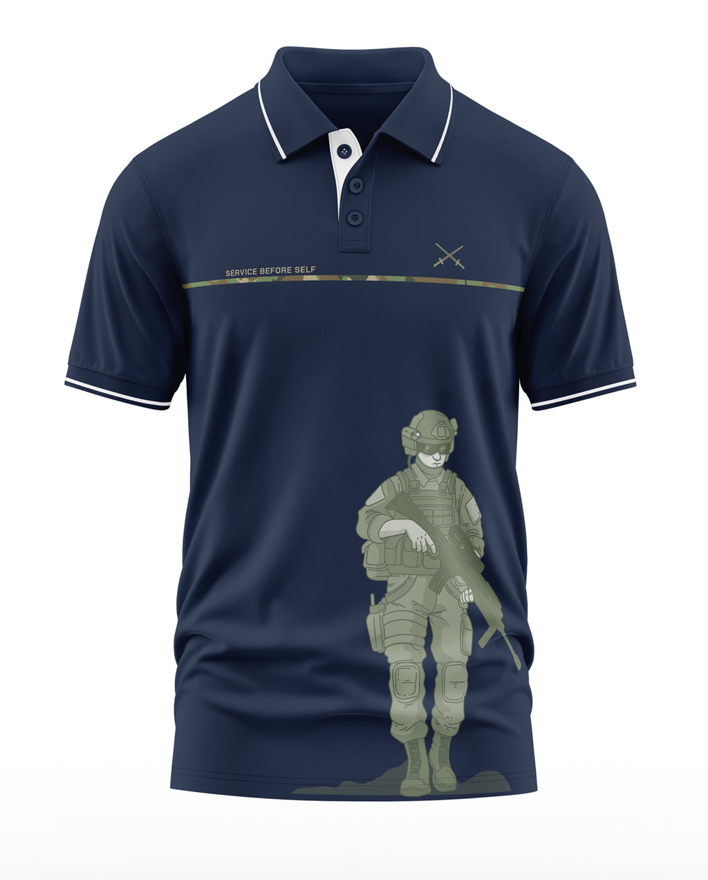 Navy blue polo t-shirt with white trim, military figure graphic, and 'Service Before Self' text.