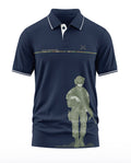 Navy blue polo t-shirt with white trim, military figure graphic, and 'Service Before Self' text.
