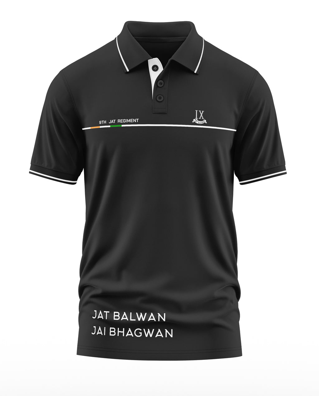 Black polo t-shirt with 9th JAT Regiment and JAT BALWAN JAI BHAGWAN text, white trim details