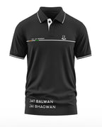 Black polo t-shirt with 9th JAT Regiment and JAT BALWAN JAI BHAGWAN text, white trim details