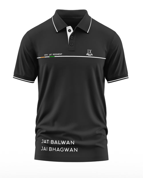 Black polo t-shirt with 9th JAT Regiment and JAT BALWAN JAI BHAGWAN text, white trim details