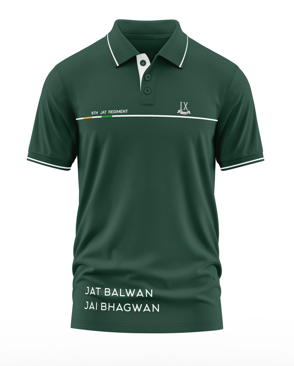 Green men's polo t-shirt with 9th Jat Regiment and Jat Balwan Jai Bhagwan text, army style