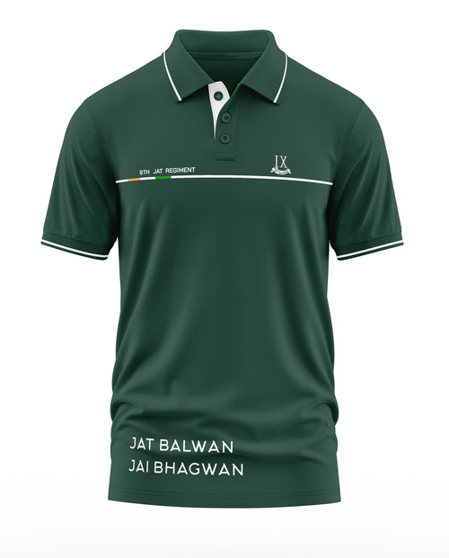 Green men's polo t-shirt with 9th Jat Regiment and Jat Balwan Jai Bhagwan text, army style