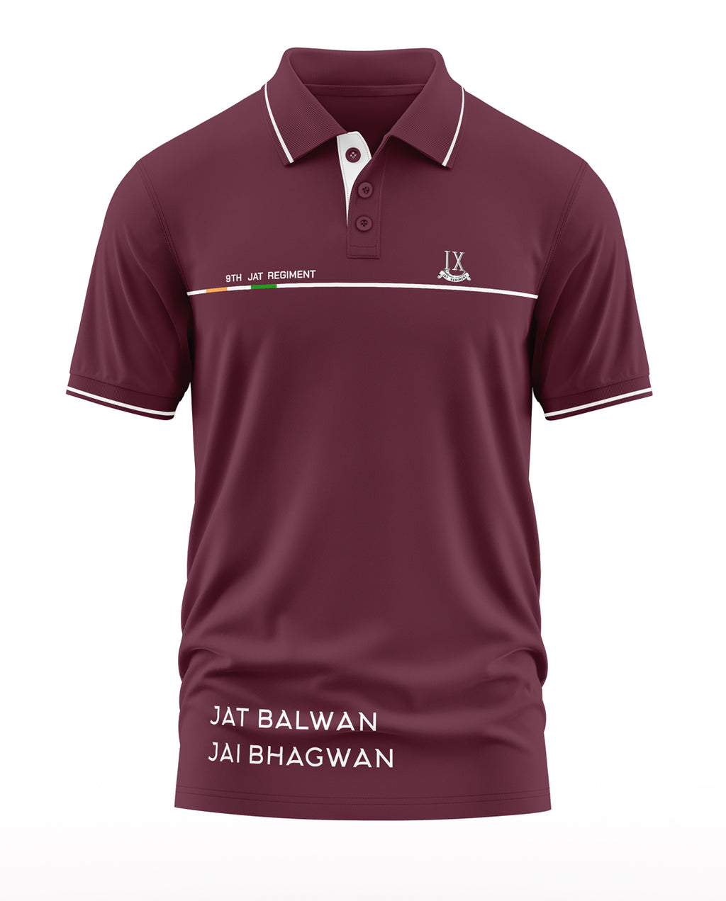 Maroon men's polo t-shirt with 9th Jat Regiment text, military-style embroidery, and slogan.