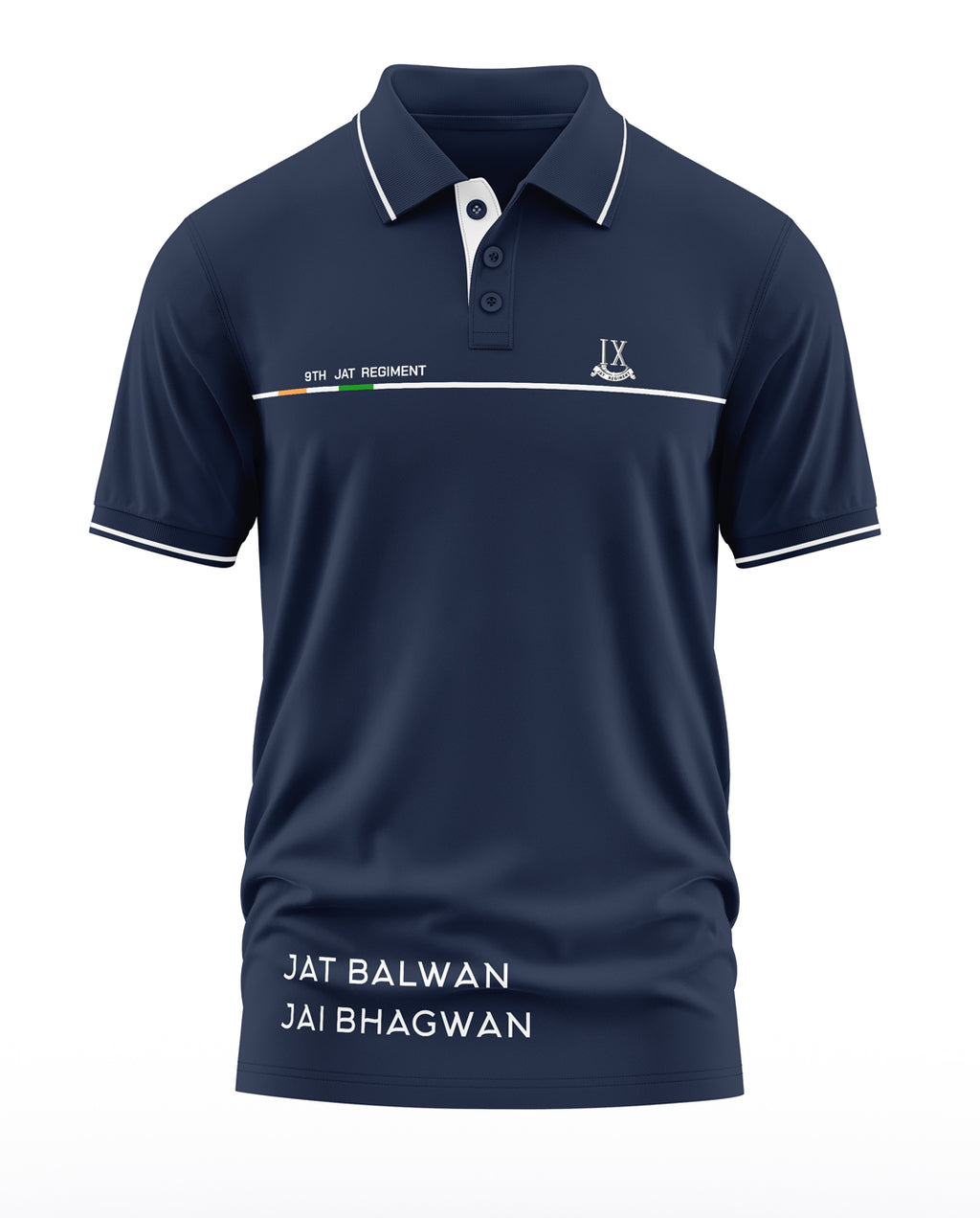 Navy blue men's polo t-shirt with 9th Jat Regiment and military-inspired text design