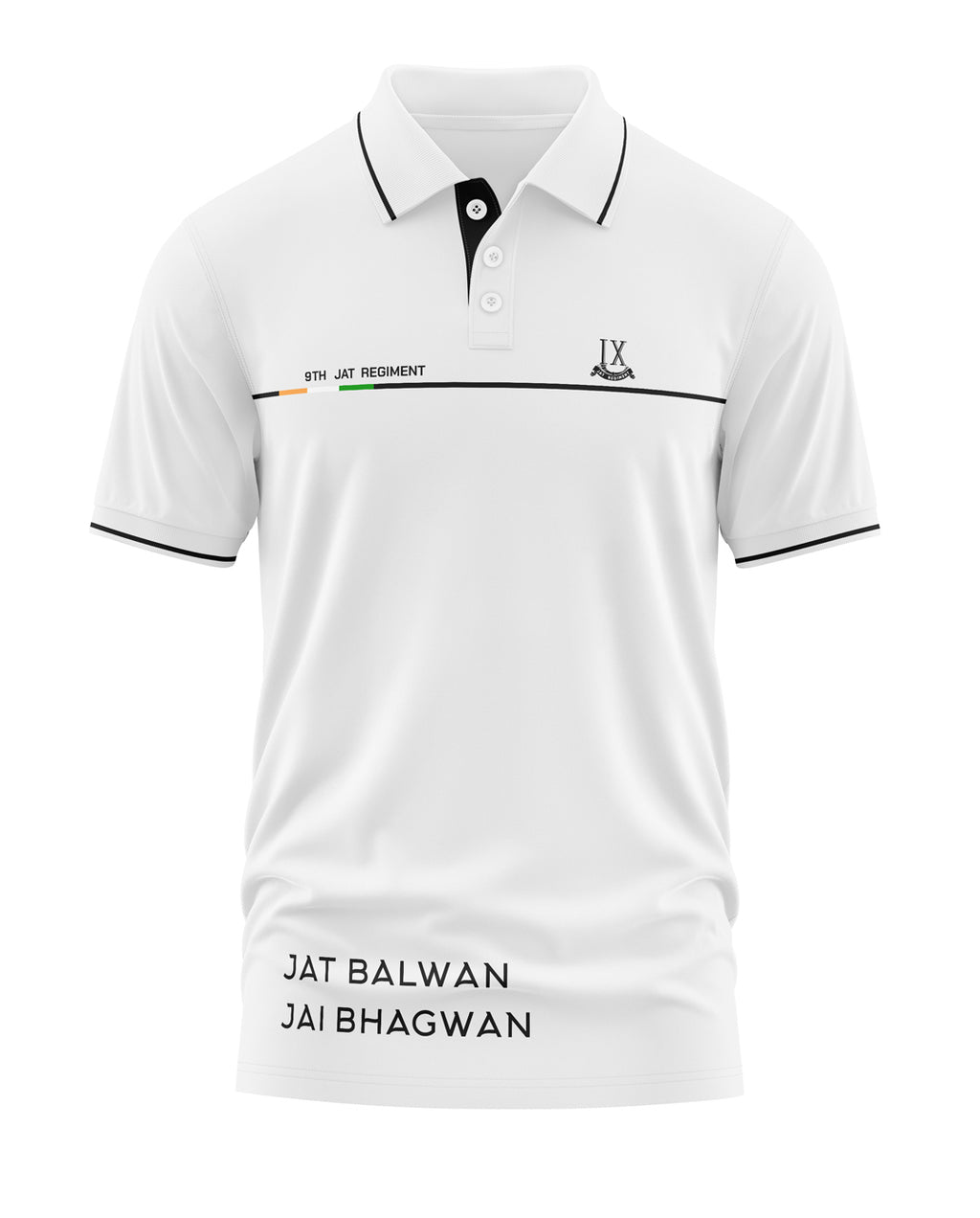 White men's polo t-shirt with 9th Jat Regiment text, black trim, and slogan Jat Balwan Jai Bhagwan