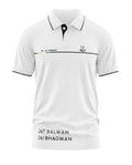 White men's polo t-shirt with 9th Jat Regiment text, black trim, and slogan Jat Balwan Jai Bhagwan