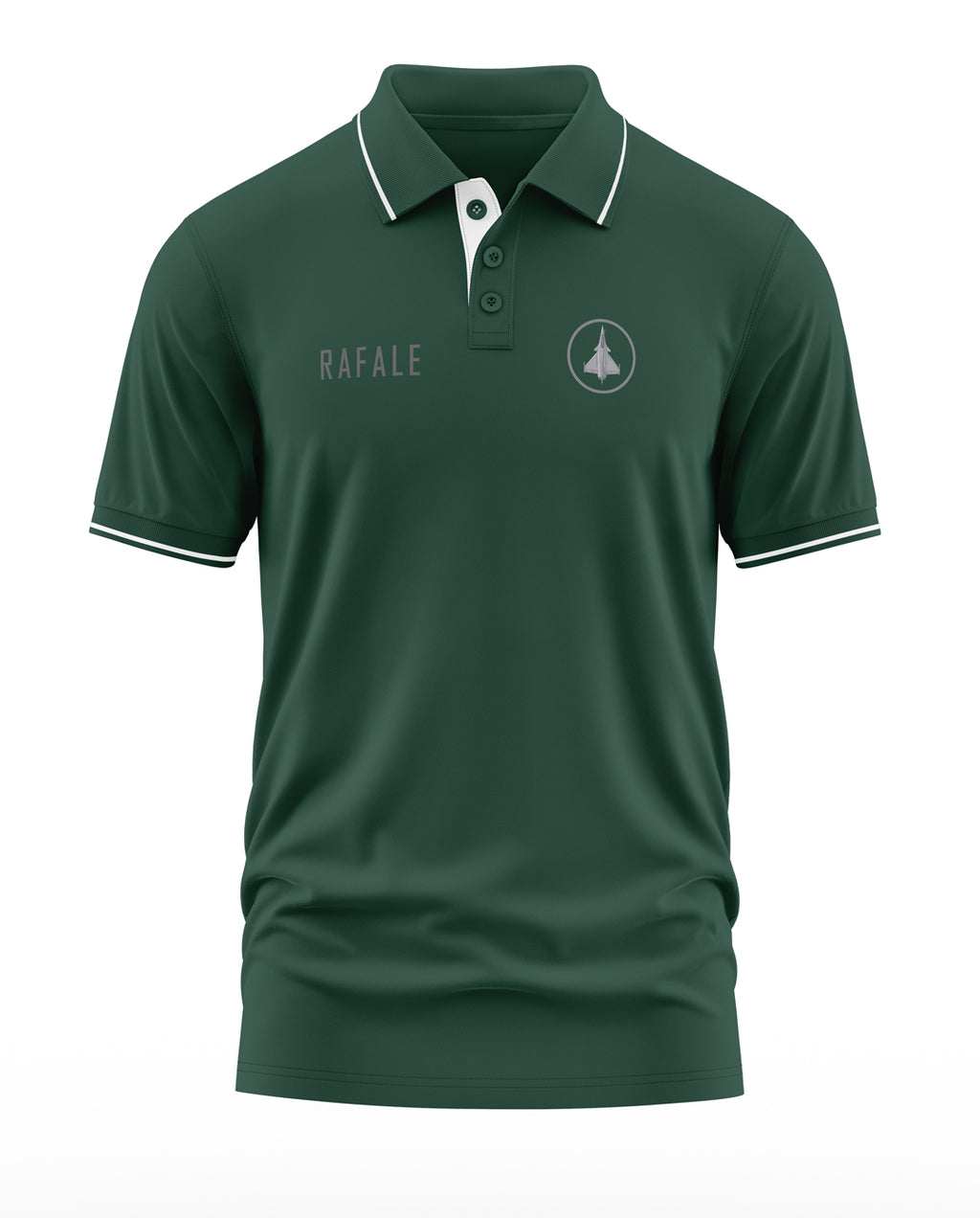 Men's army green polo t-shirt with 'Rafale' text and jet emblem, short sleeves, white trim