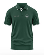 Men's army green polo t-shirt with 'Rafale' text and jet emblem, short sleeves, white trim