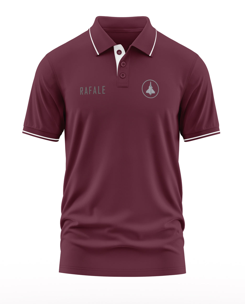 Maroon polo t-shirt for men with Rafale text and fighter jet emblem, casual military style