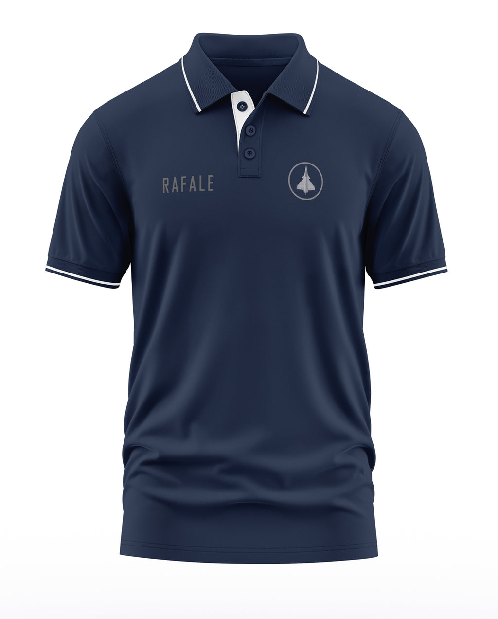 Navy blue men's polo t-shirt with Rafale jet graphic and white trim, army-inspired design
