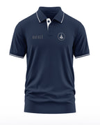 Navy blue men's polo t-shirt with Rafale jet graphic and white trim, army-inspired design