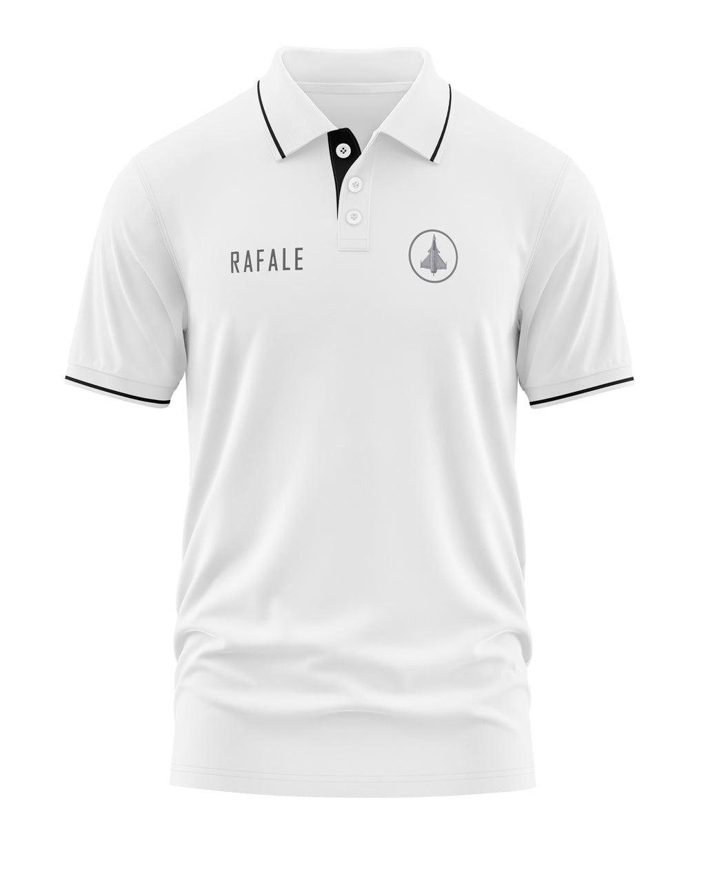 White men's polo t-shirt with 'RAFALE' text, jet emblem, black trim, short sleeves