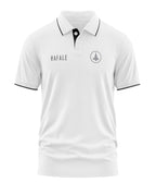 White men's polo t-shirt with 'RAFALE' text, jet emblem, black trim, short sleeves