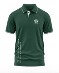 Dark green men's polo T-shirt with army crest, white trim, and bold motivational slogan on the side.