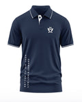 Navy blue men's polo t-shirt with army-inspired crest and 'Better to die than live like a coward' text.